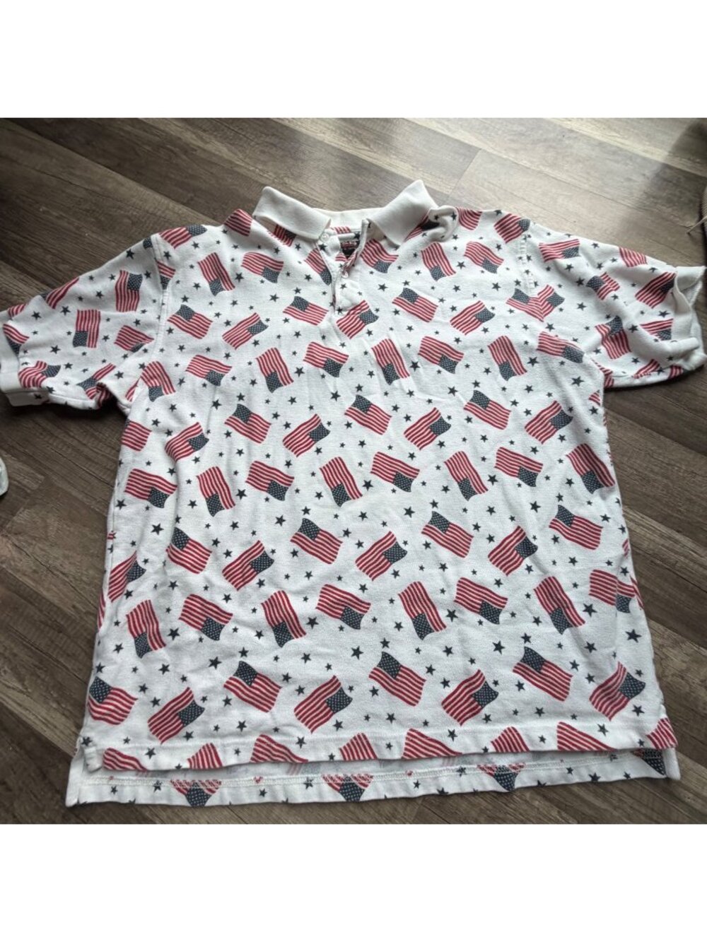 C&B Sport American Flag Polo Shirt Mens Large White Red Blue Cotton